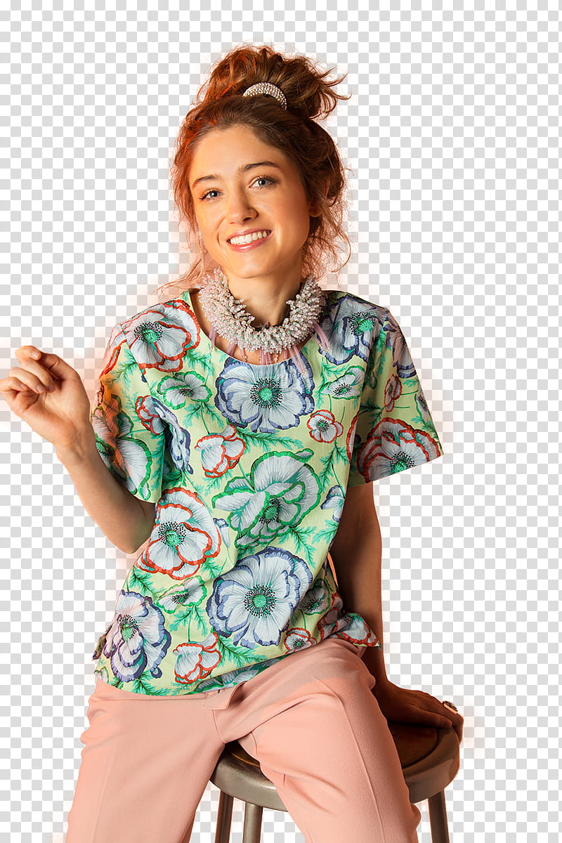 Natalia Dyer, smiling woman sitting on gray stool transparent background PNG clipart