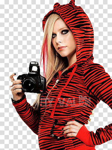 Avril Lavigne, Avril Lavigne wearing red and black striped zip-up hoodie while holding DSLR camera transparent background PNG clipart