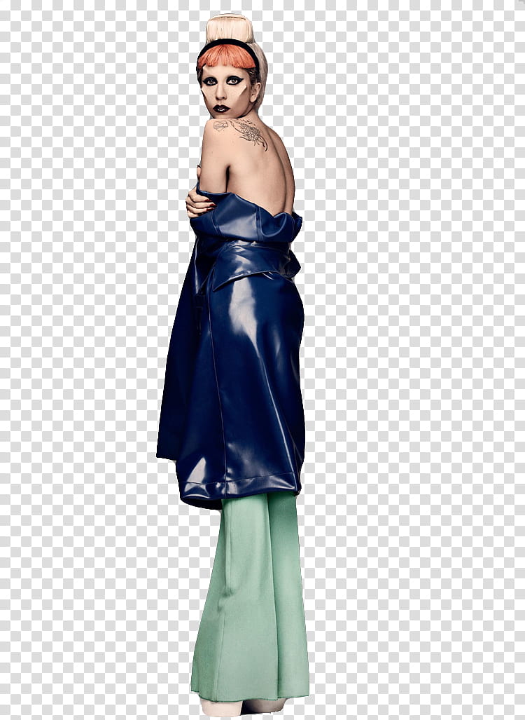 GAGA, model holding right shoulder while looking at her back transparent background PNG clipart