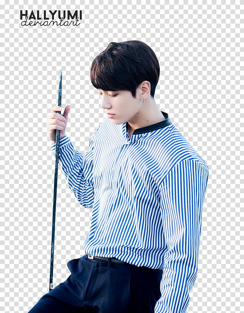 JungKook, man in blue and white striped long-sleeved shirt