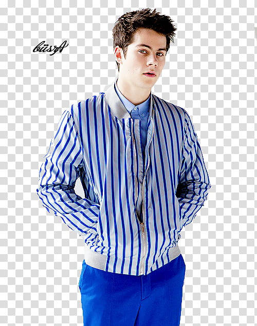 Dylan O Brien, men's grey and blue striped top transparent background PNG clipart