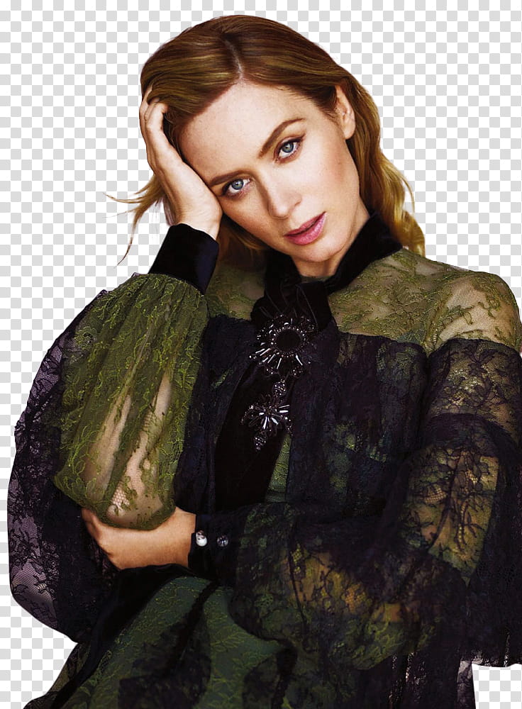 Emily Blunt, woman wearing black lace long-sleeved dresss transparent background PNG clipart