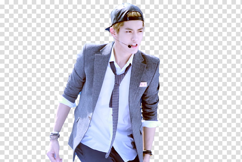 Kris EXO , man wearing gray suit and earbuds transparent background PNG clipart