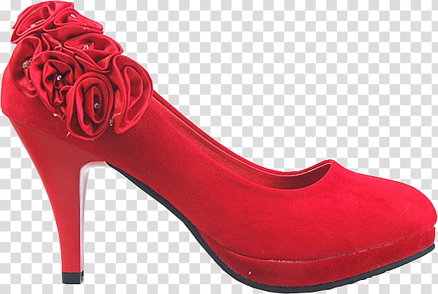 Red Shoes, red suede platform floral pump transparent background PNG clipart