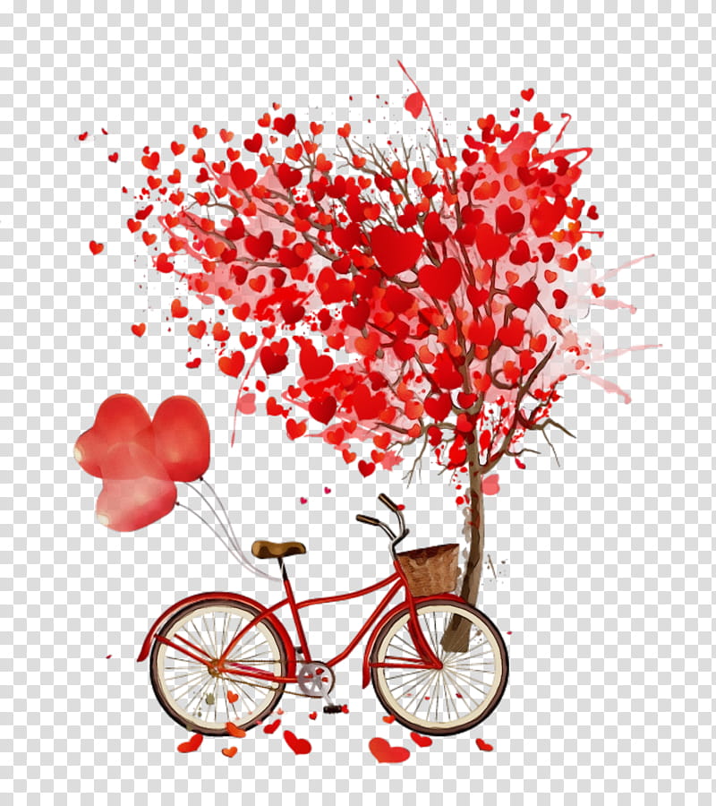 Valentine's day, Watercolor, Paint, Wet Ink, Red, Heart, Bicycle, Vehicle transparent background PNG clipart