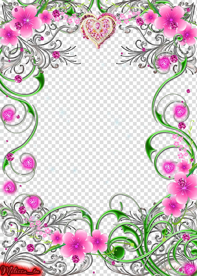 frame swirls with flowers and gems, green and pink floral frame illustration transparent background PNG clipart