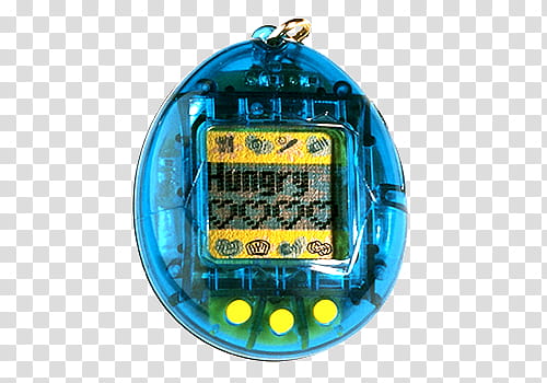 AESTHETIC GRUNGE, blue and yellow Tamagochi handheld game console with hungry text transparent background PNG clipart
