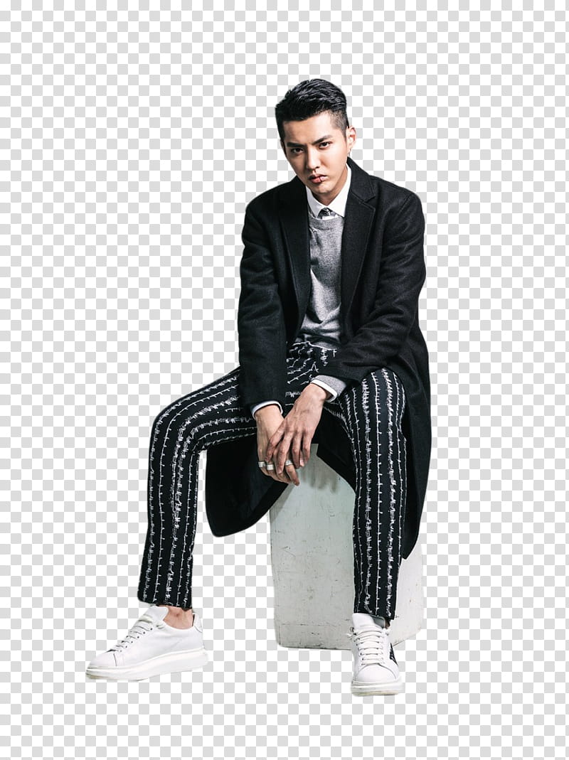KRIS WU SOLOIST, man sitting on white stool transparent background PNG clipart
