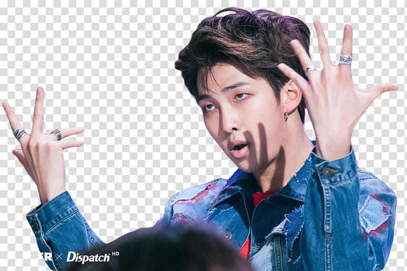 Namjoon BTS, man wearing blue denim jacket open both his hands transparent background PNG clipart