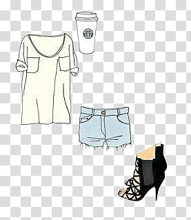 s, white scoop-neck t-shirt, blue shorts, pair of black kitten-heeled shoes, and Starbucks coffee disposable cup transparent background PNG clipart