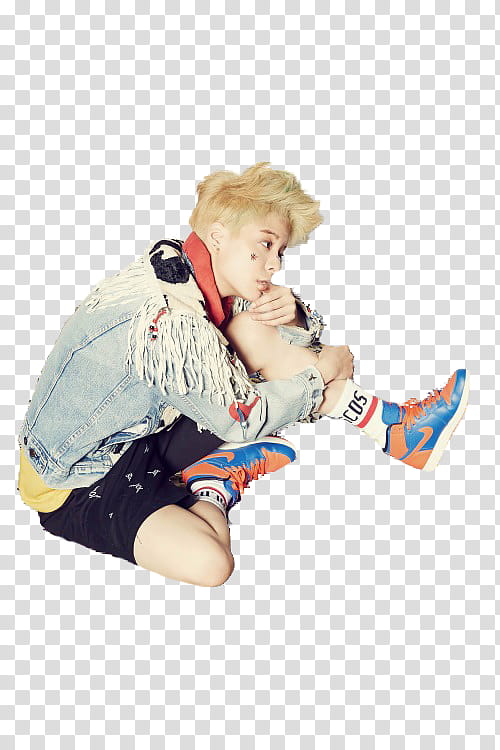 Amber F X Render, blonde haired man in blue denim jacket sitting on floor transparent background PNG clipart