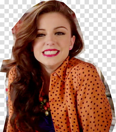 Cher Lloyd, smiling woman wearing orange and black polka-dot collared shirt transparent background PNG clipart