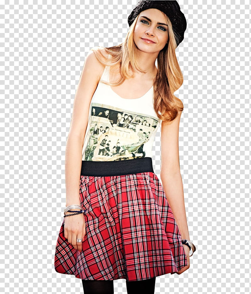 Cara Delevigne, woman wearing white tank top and pink and red skirt transparent background PNG clipart