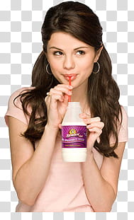 Selena Gomez, Selena Gomez sipping drink out of round purple and white container transparent background PNG clipart