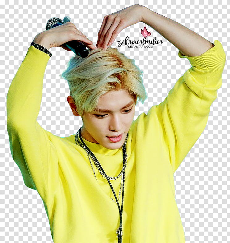NCT Taeyong est PLAY, man wearing yellow sweater with both hands on head transparent background PNG clipart