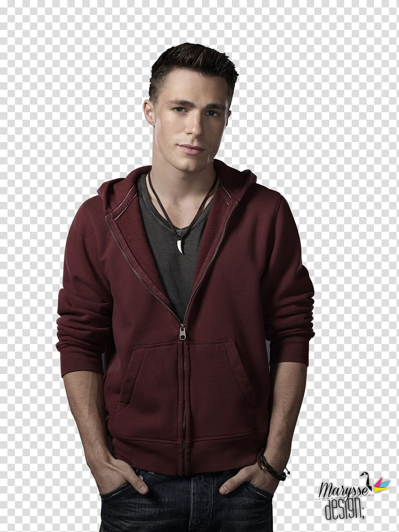 Colton Haynes , standing man wearing red zip-up hoodie with hands in pocket transparent background PNG clipart