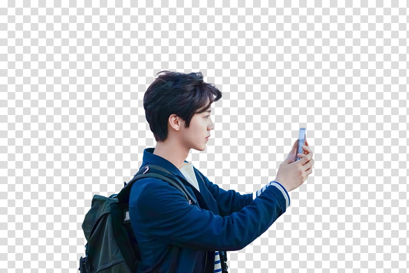 Luhan, man wearing back and holding smartphone transparent background PNG clipart