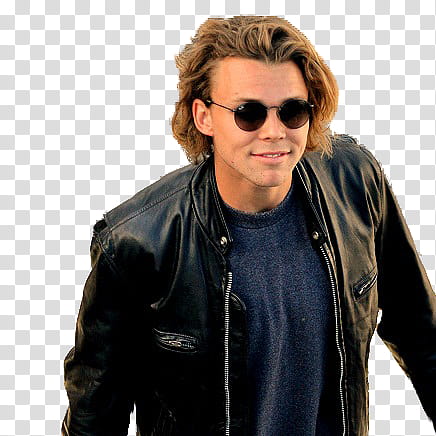 Ashton Irwin, man in black leather zip-up motorcycle jacket transparent background PNG clipart
