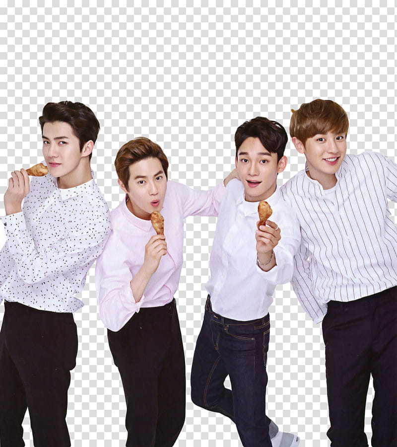 EXO Goobne Chicken, four men holding fried chicken drumsticks transparent background PNG clipart