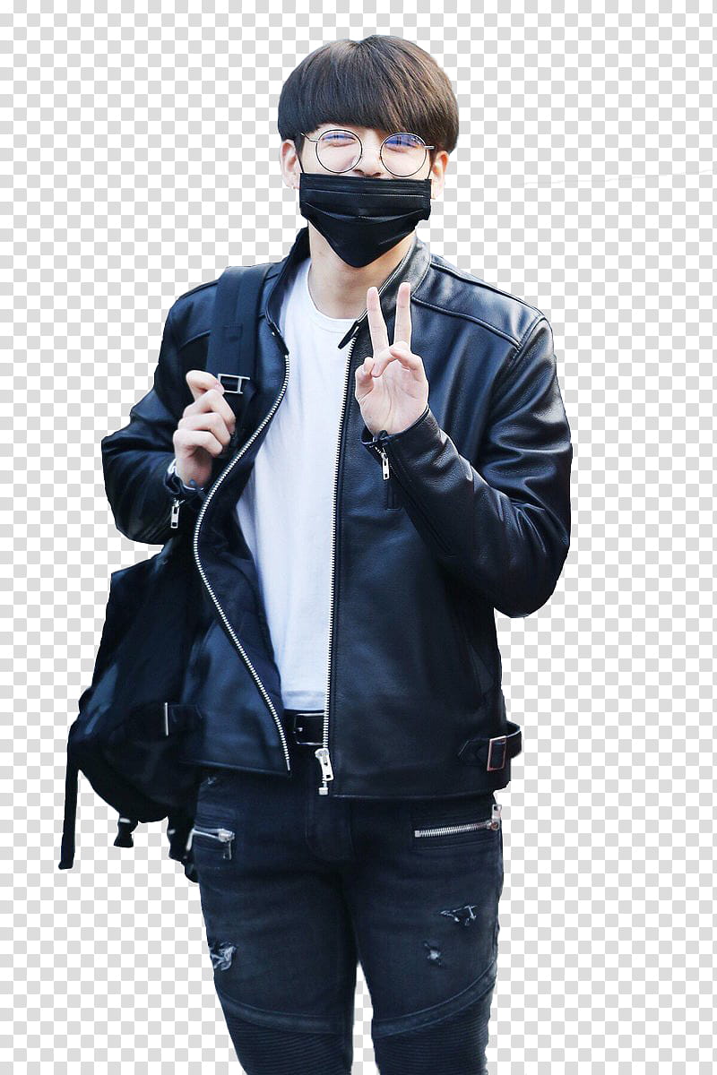 Jungkook , man standing wearing black zip-up leather jacket transparent background PNG clipart