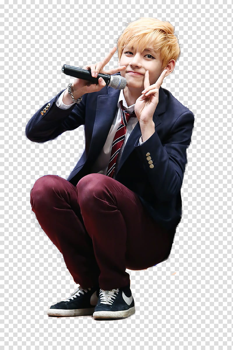 V BTS, man in blue suit jacket sitting and holding microphone transparent background PNG clipart