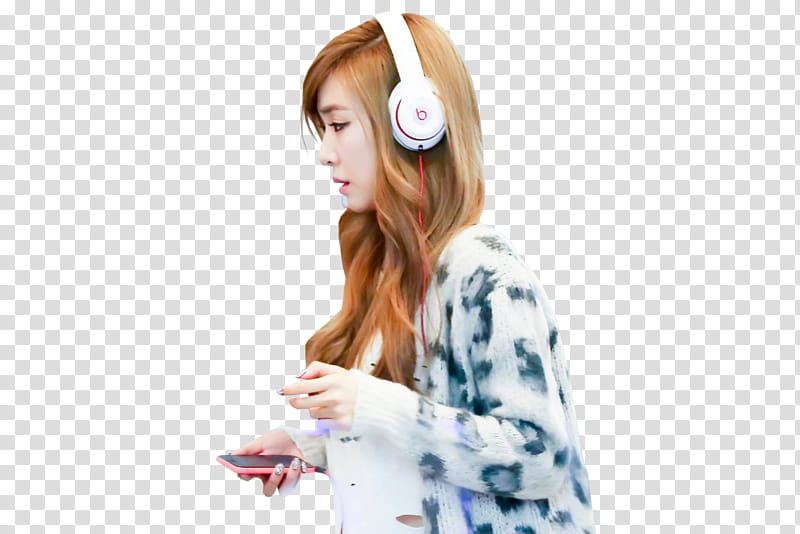 RENDER SNSD TIFFANY COOL FM, woman in white and gray long-sleeved top wearing white and red corded headphones transparent background PNG clipart