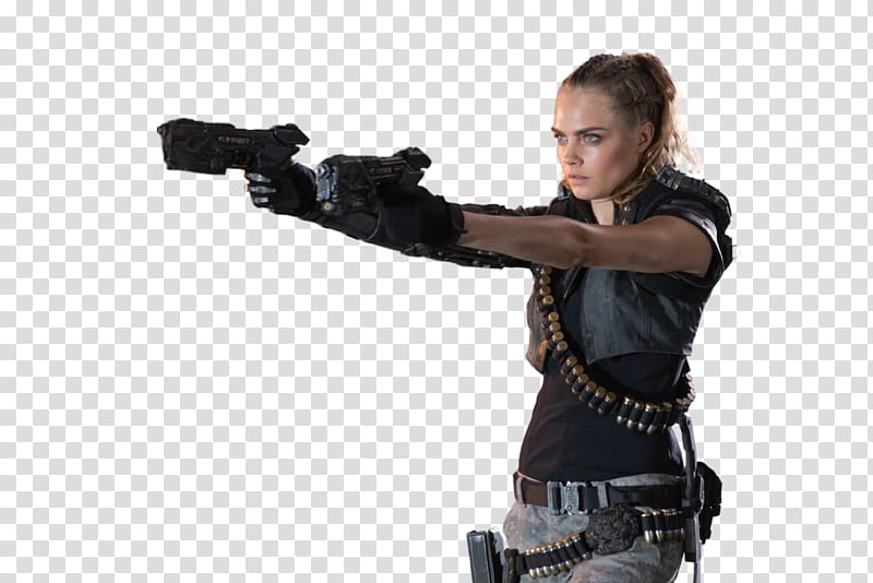 Cara Delevingne, woman holding two black guns transparent background PNG clipart