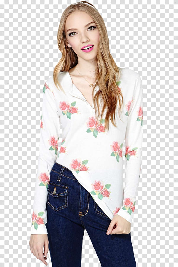 Female Model Allie Lewis, woman wearing floral long-sleeved shirt transparent background PNG clipart