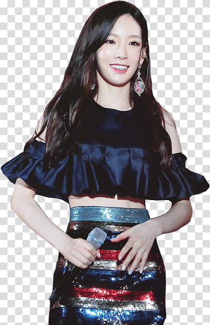 Kim Taeyeon SNSD, smiling woman wearing black cold-shoulder crop top holding microphone transparent background PNG clipart