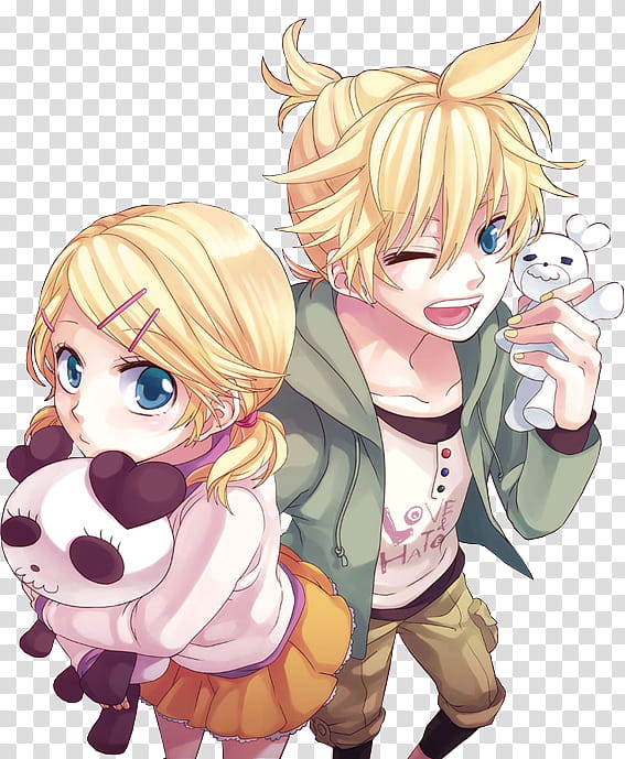Render  Special Kagamine, two male and female anime characters holding plush toys illustration transparent background PNG clipart