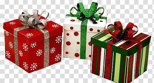 Christmas II, three assorted-color gift boxes transparent background PNG clipart