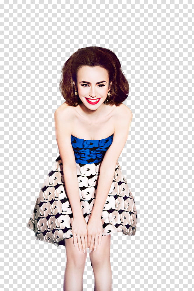 Lily Collins, women's white and blue strapless dress transparent background PNG clipart