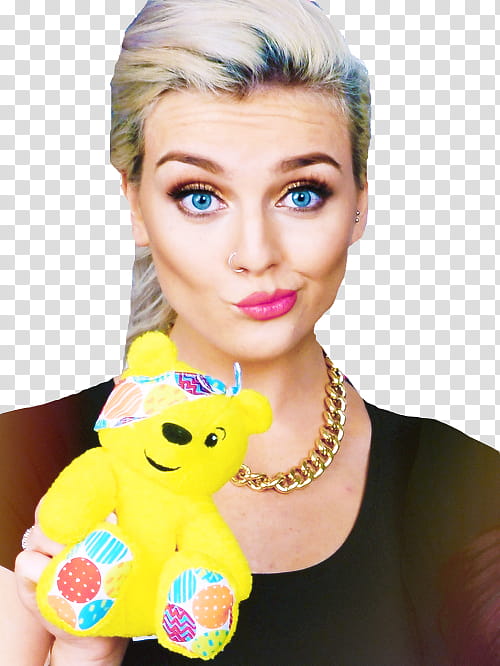 woman wearing black crew-neck shirt holding yellow teddy bear transparent background PNG clipart