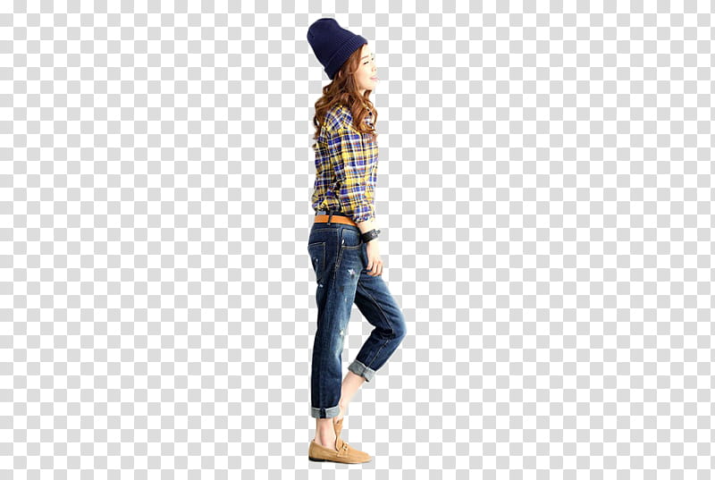 woman wearing purple and yellow plaid collared button-up long-sleeved shirt standing while facing her left side transparent background PNG clipart
