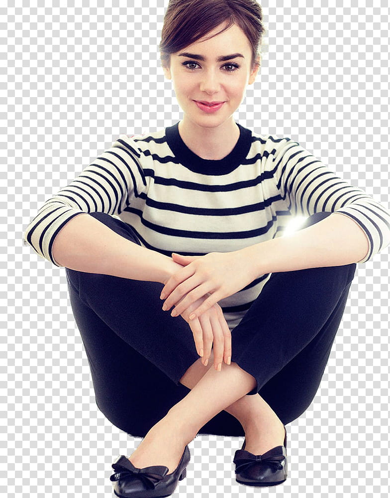 Lily Collins, woman wearing black and white stripe sweater transparent background PNG clipart