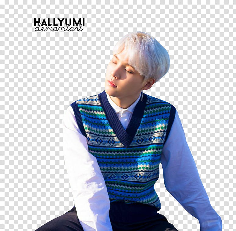 Suga, man wearing multicolored sweater vest looking side transparent background PNG clipart