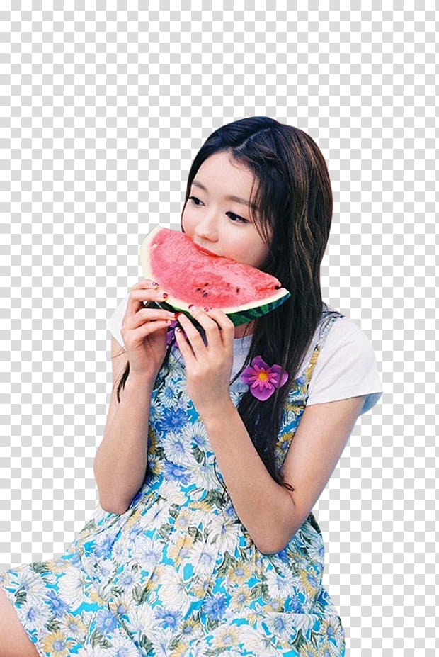 Oh My Girl, woman in floral dress eating watermelon transparent background PNG clipart