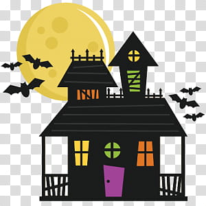 Halloween  s, black house at night with bats under yellow full moon illustration transparent background PNG clipart