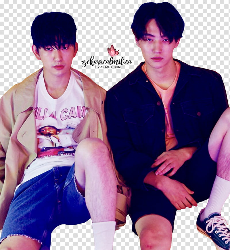 JJ Project The Star, two KPOP man sitting with one leg on chairs transparent background PNG clipart