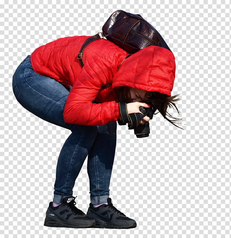 girl with camera, woman wearing red hooded jacket taking on ground transparent background PNG clipart