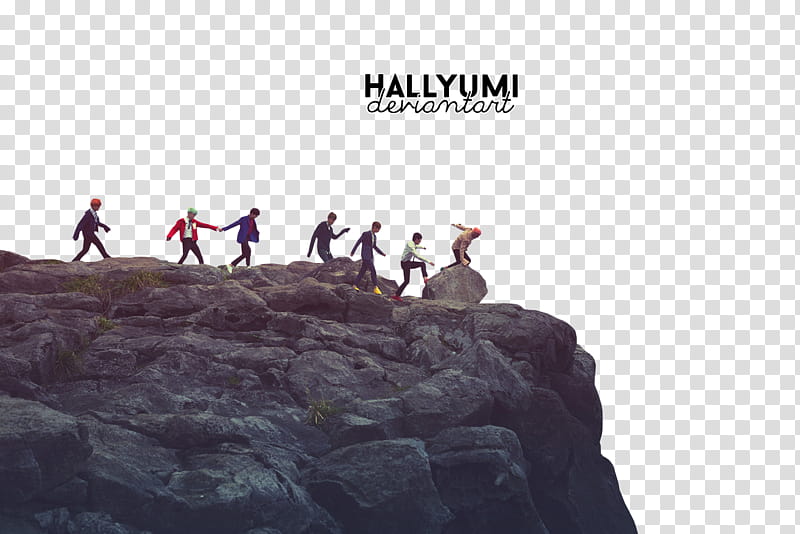 BTS HYYH pt , group of man standing on rock formation with text overlay transparent background PNG clipart