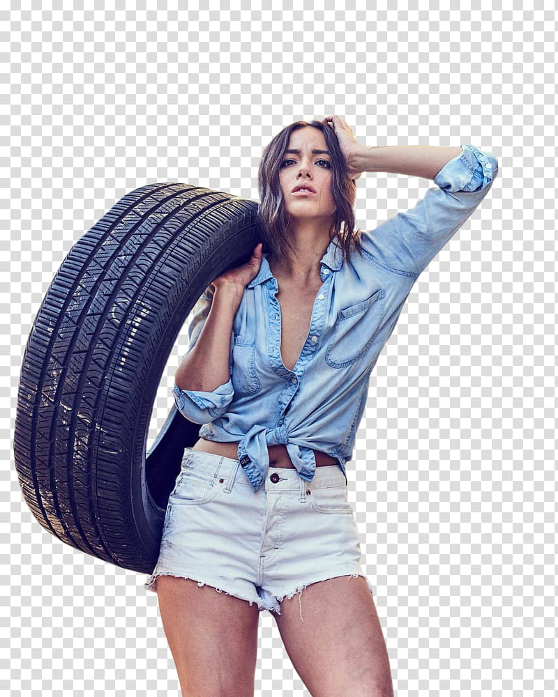 Chloe Bennet, woman holding vehicle tire transparent background PNG clipart