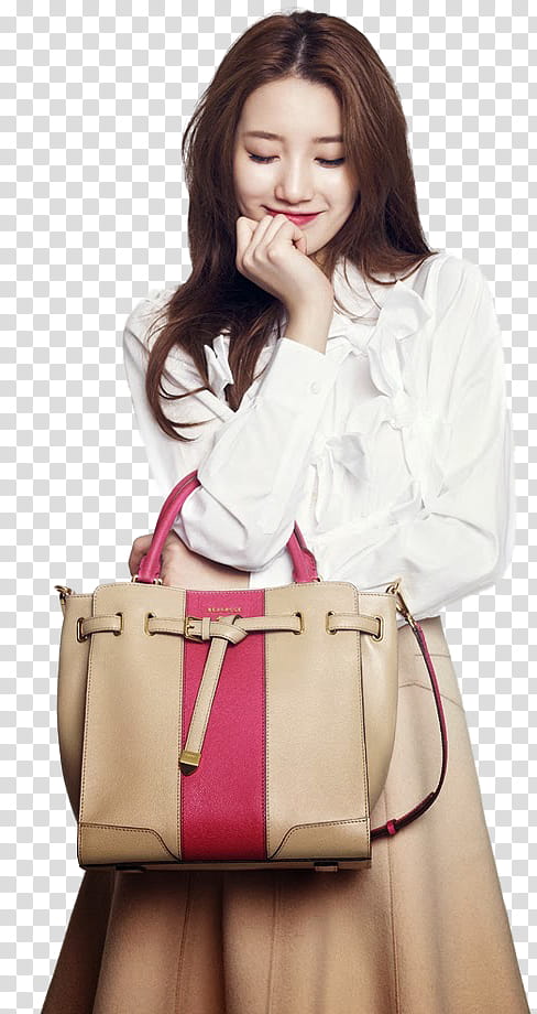 Suzy RENDER, woman smiling and looking downwards while holding bag transparent background PNG clipart