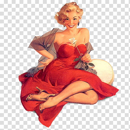 Ning Vintage Pin up girls Pics, sitting and smiling woman wearing red dress transparent background PNG clipart