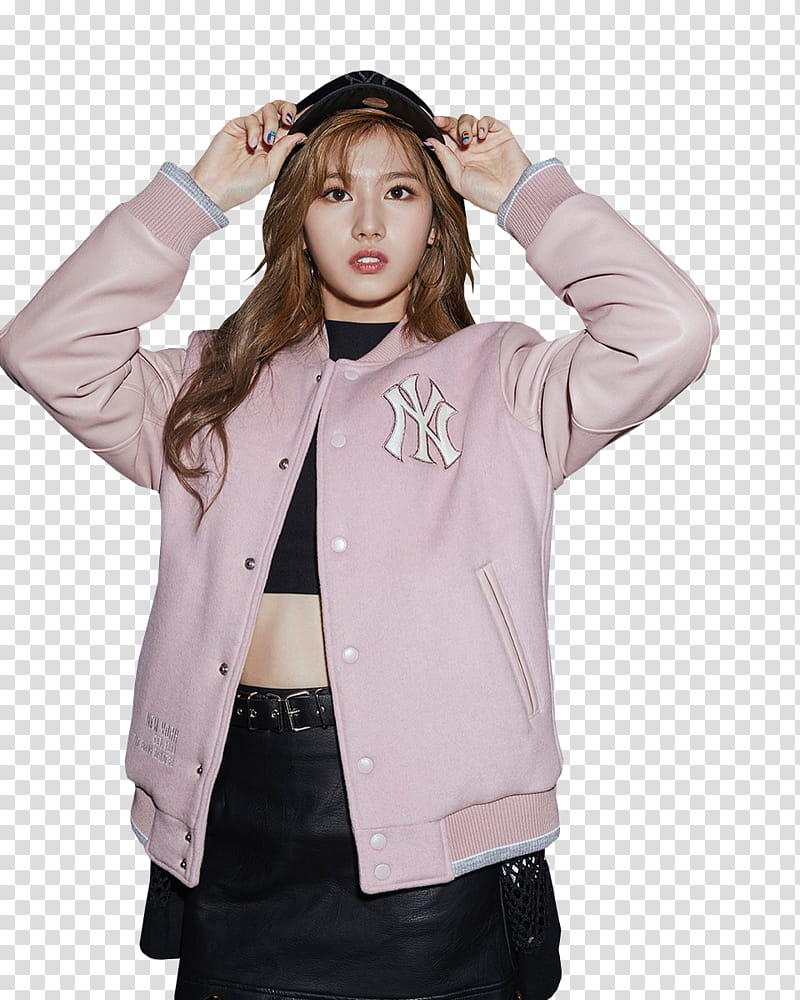 SANA TWICE MLB BE MAJOR , woman in New York Yankess letterman jacket transparent background PNG clipart