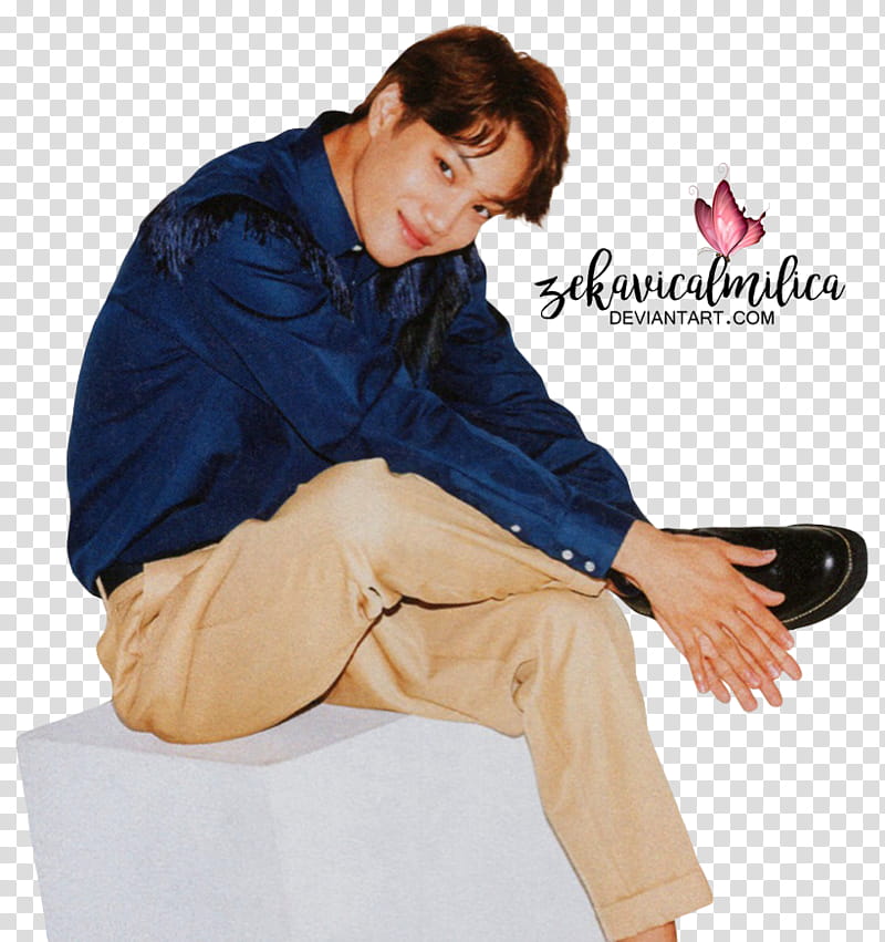 EXO Kai MINI, man wearing blue dress shirt and brown pants sitting on white cube transparent background PNG clipart