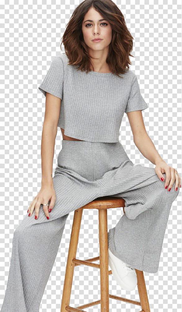 Tini Stoessel, woman wearing gray blouse sitting on stool chair transparent background PNG clipart