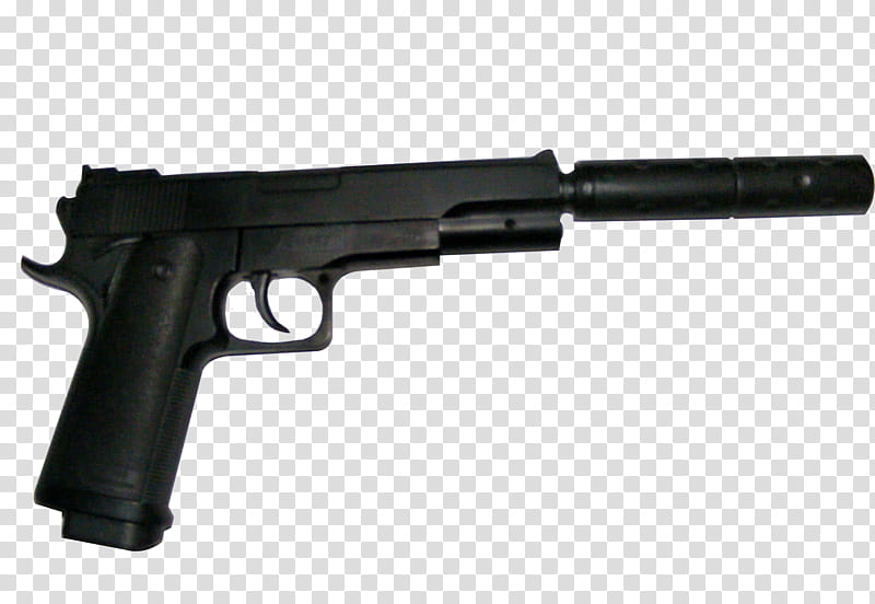 Gun, black semi-automatic pistol with suppressor transparent background PNG clipart