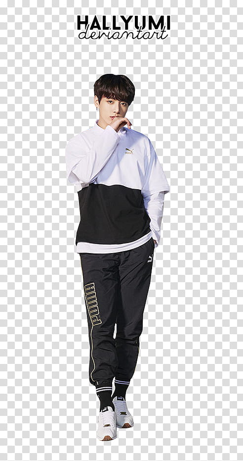 BTS PUMA, man wearing white and black jacket transparent background PNG clipart