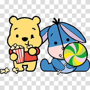 Disney Cute, Winnie The Pooh eating popcorn and eeyore holding lollipop art transparent background PNG clipart